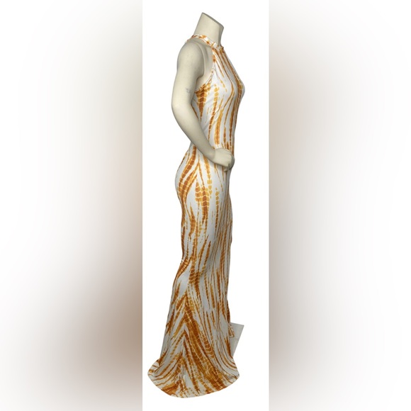 UNBRANDED Yellow/White Tie Dye Racerback Halter Mermaid Fitted Cutout Maxi Dress - Picture 7 of 13